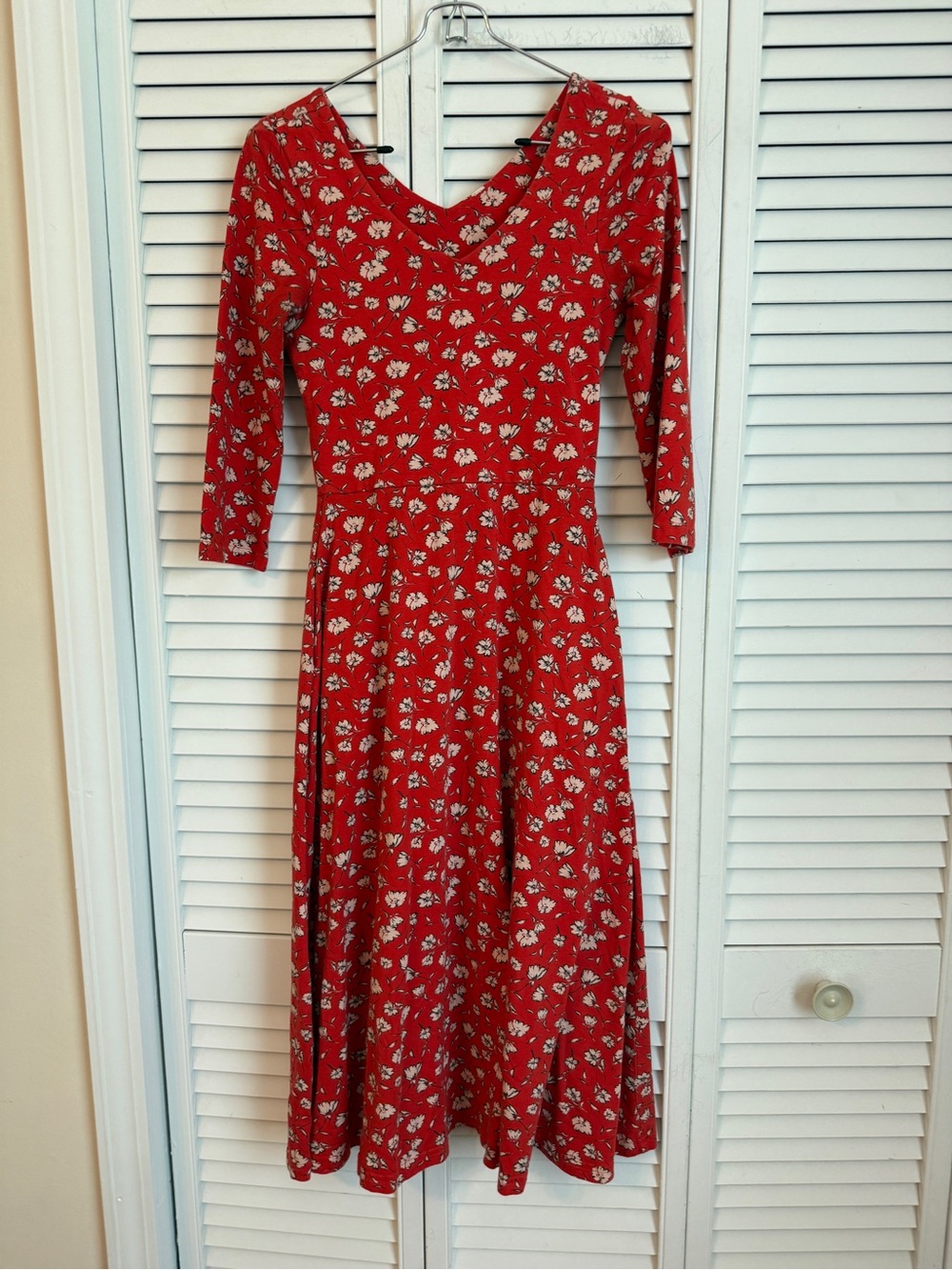Pact Dress Womens Midi Floral Red Dress XS Fit & Flare Modest Cottage Feminine